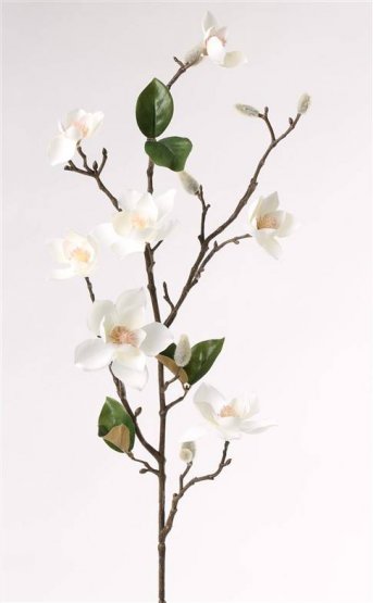 Magnólia vetva s bielymi kvetmi púčiky a listy umelá 'real touch' 90cm