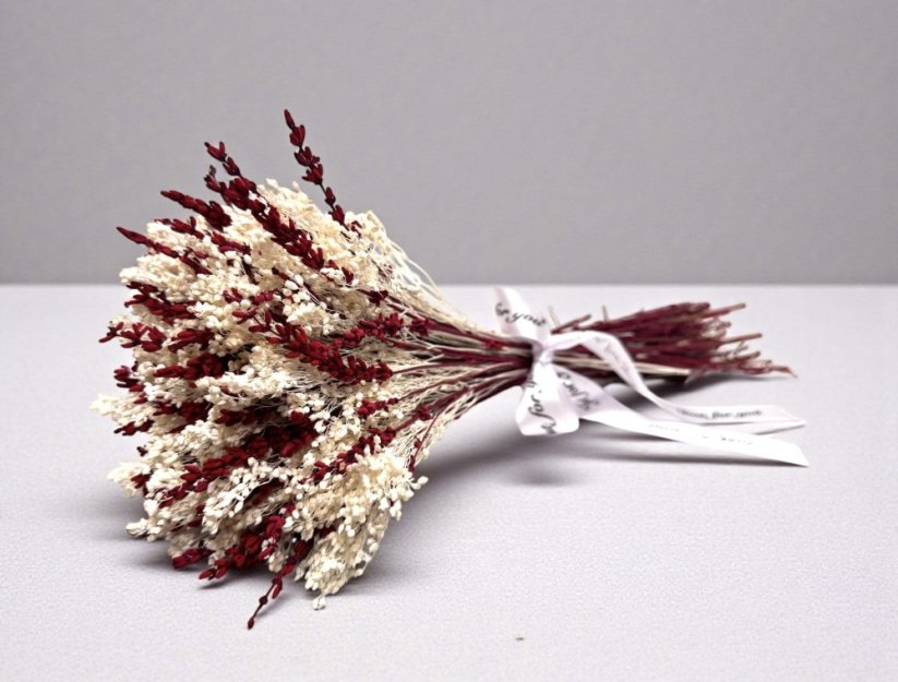 Kytice ze stabilizované levandule a sušeného broom bloom, červená/bílá