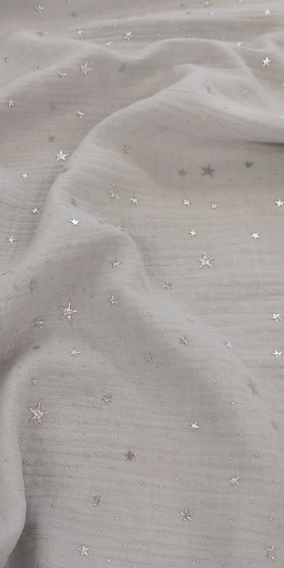 Mušelínová stuha SVETLO SIVÁ, strieborné hviezdičky, 10cm x 140cm