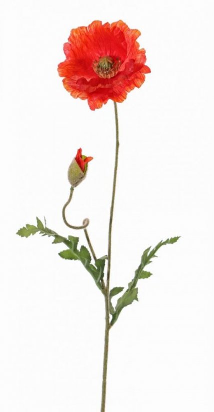 Makový květ červený lesklý, detailní zpracování, potažený stonek i listy, 1 květ Ø 12cm, 1 poupě, 65cm