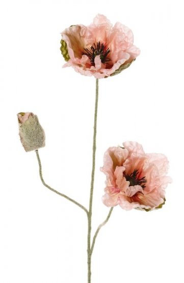 Makový květ světle růžový lesklý, detailní zpracování, potažený stonek i listy, 2 květy Ø 12cm, 1 poupě, 76cm