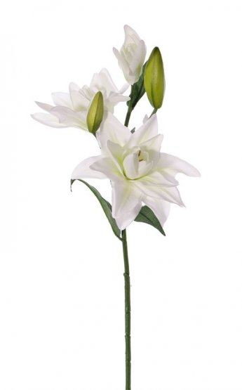Lilie Casa Blanca umělá 3 bílé květy s listy, dvě poupata 'de luxe' 81cm