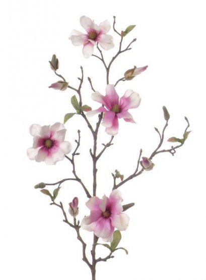 Magnólia vetva s ružovobielimi kvetmi a púčikmi umelá 'real touch' 75cm