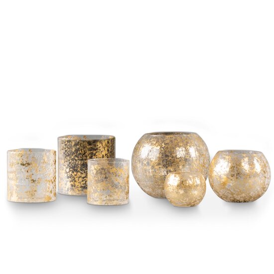 Luxusný svietnik z umeleckého skla, tvar cylinder so zlatými šupinkami, 15cmx15cm