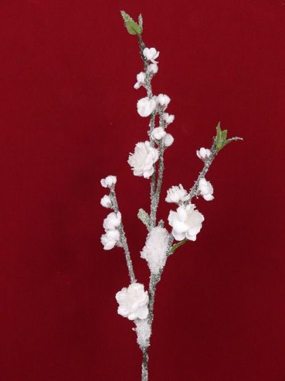 Vetva so zmrznutými kvetmi broskyne, so snehom, 78cm