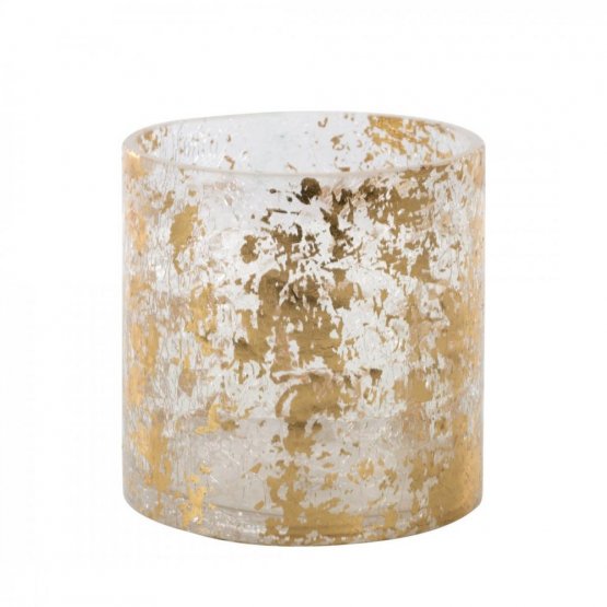 Luxusní svícen z uměleckého skla, tvar cylindr se zlatými šupinkami 12cmx12cm