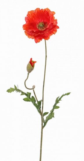 Makový květ červený lesklý, detailní zpracování, potažený stonek i listy, 1 květ Ø 12cm, 1 poupě, 65cm