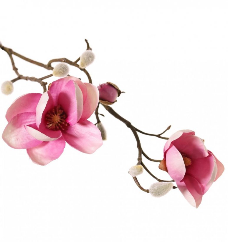 Magnolie větvička umělá růžová 2 květy pupeny, 53cm