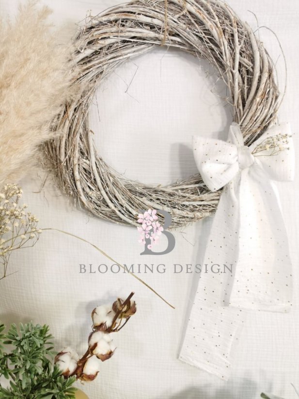 Mušelínová stuha, zlaté tečky, MNOHO ODSTÍNŮ, vhodná na věnce, kytice aj. 140cm - Barva: Bílá