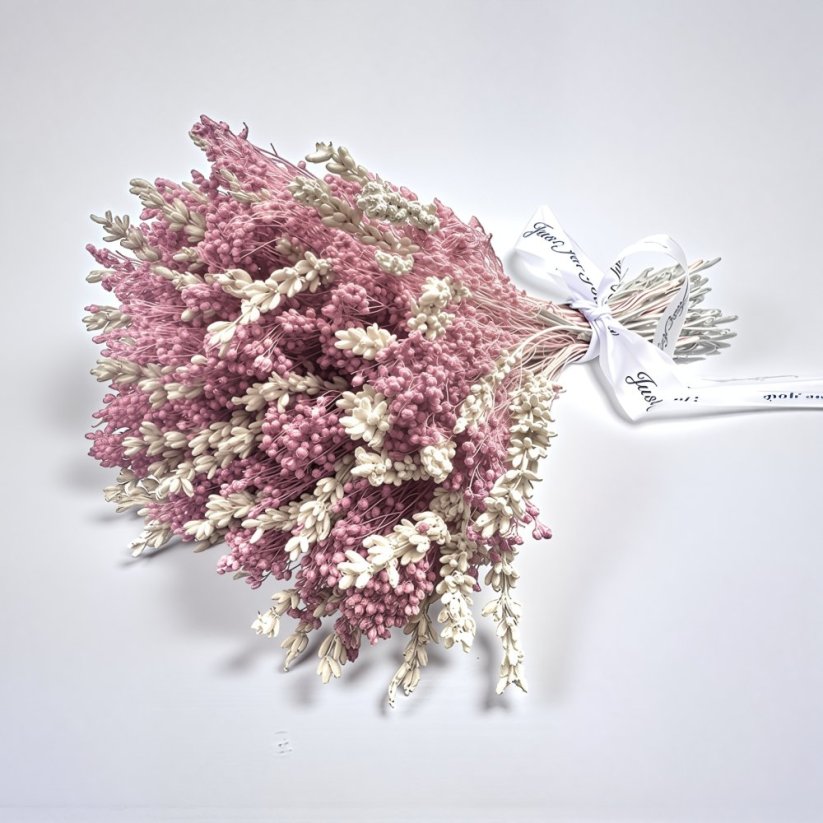 Kytice ze stabilizované levandule a sušeného broom bloom, bílá vintage/fialovorůžová